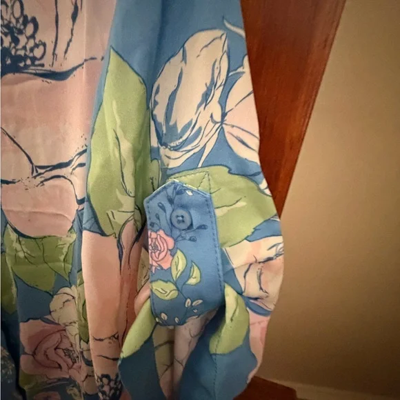 Rachel Zoe Sky Blue Floral Button-Down Shirt with Pink Roses - Picture 6 of 8